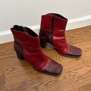 Women's Red Leather Ankle Boots with Snakeskin-Texture Accents